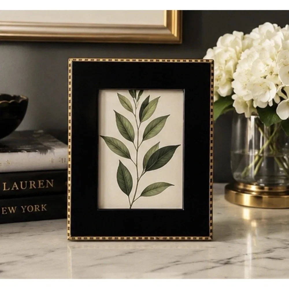 Black Lacquer 4x6 Picture Frame Gold Checkerboard Inlay Wood Easel Tabletop 8x10